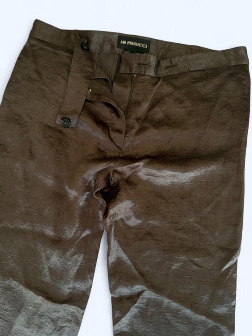 Ann Demeulemeester gunmetal grey/ olive green low rise trousers with sheen